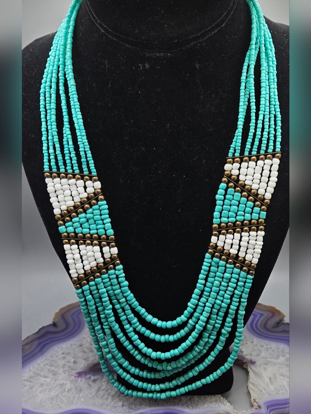7-Strand Statement Necklace Boho Tribal Turquoise White Bronze